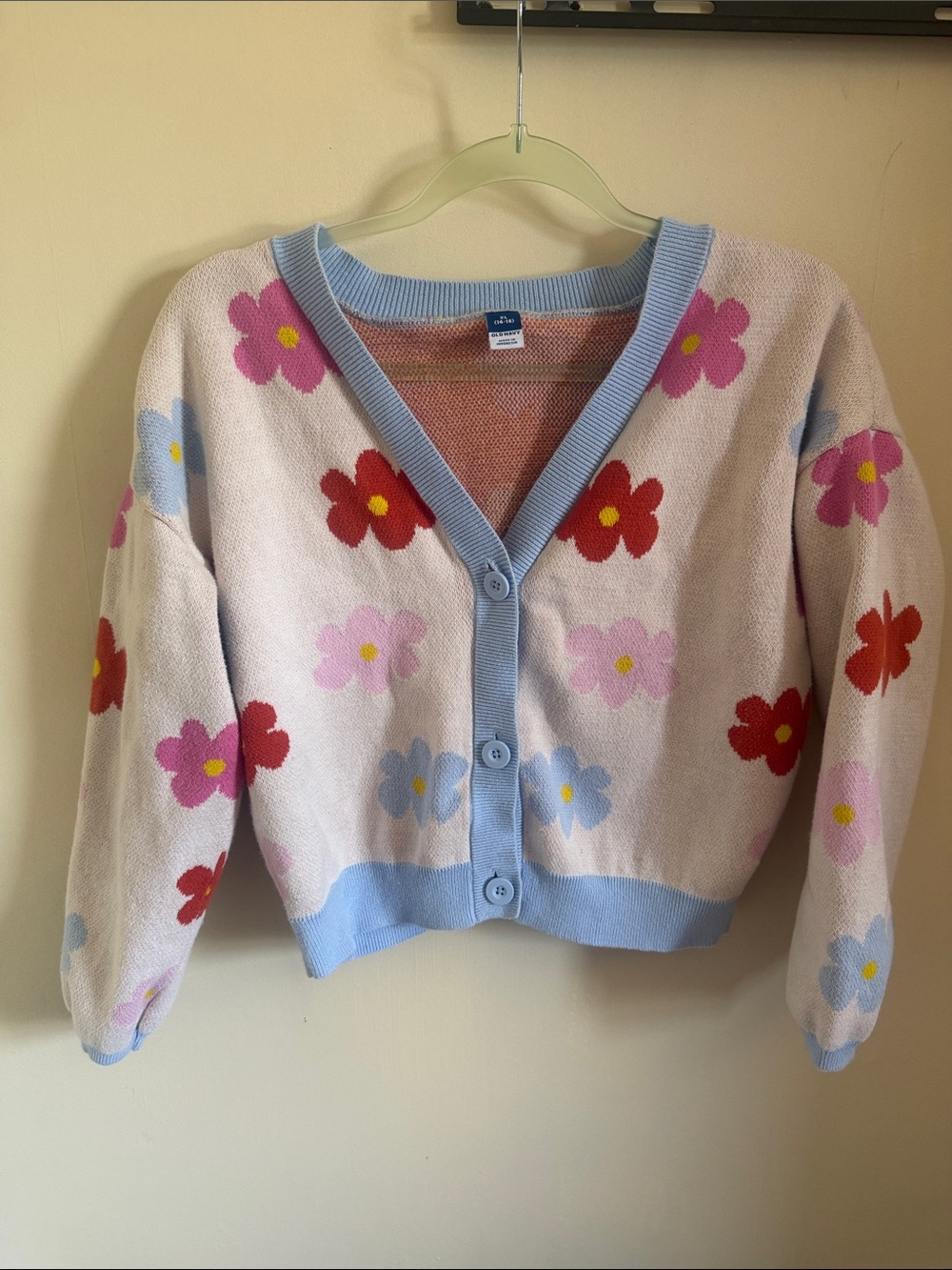 Old Navy Floral Cropped Cardigan Sweater in Pink with Blue Trim